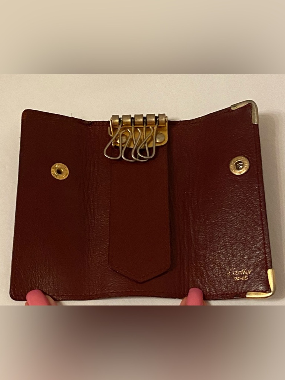 CARTIER ACCESSORY VINTAGE KEY CLES HOLDER 4 RED BORDEAUX LEATHER SNAP CASE